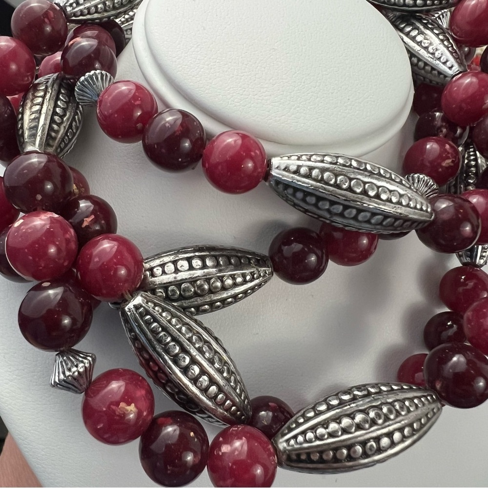 Vintage Very Long Plum Purple and Silver Plastic Beaded Necklace